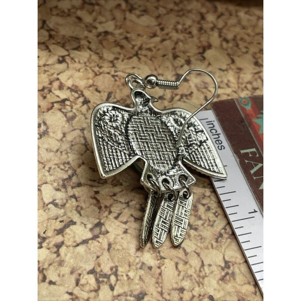 SILVER THUNDERBIRD T-BIRD EARRINGS SOUTHWEST WESTERN AZTEC BIRD Feather Long - Picture 7 of 7